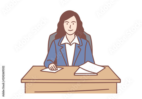 Working as judge in court concept. Serious woman judge sitting and processing sitting trial with official papers finishing process. Hand drawn style vector design illustrations.
