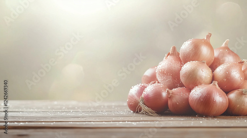 Fresh Harvest of Onions: A vibrant pile of freshly harvested onions sits on a rustic wooden surface bathed in warm, natural light, showcasing their smooth, golden-brown skins and glistening texture.