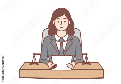 Working as judge in court concept. Serious woman judge sitting and processing sitting trial with official papers finishing process. Hand drawn style vector design illustrations.
