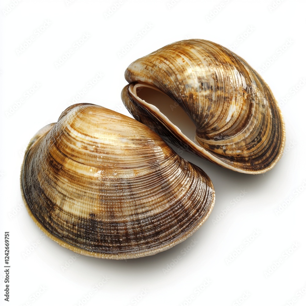 Close-Up of Two Beautifully Detailed Shells Displaying Natural Textures and Patterns on a White Background Close-Up of Two Beautifully Detailed Shells Displaying Natural Textures and Patterns on a White Background
