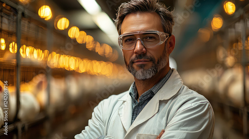 Confident male scientist in lab coat and safety glasses stands in poultry farm.