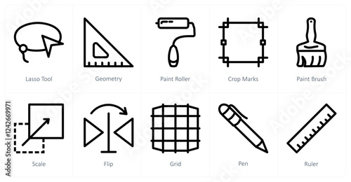 A set of 10 design icons as lasso tool, geometry, paint roller