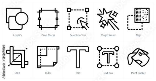 A set of 10 design icons as simplify, crop marks, selection tool