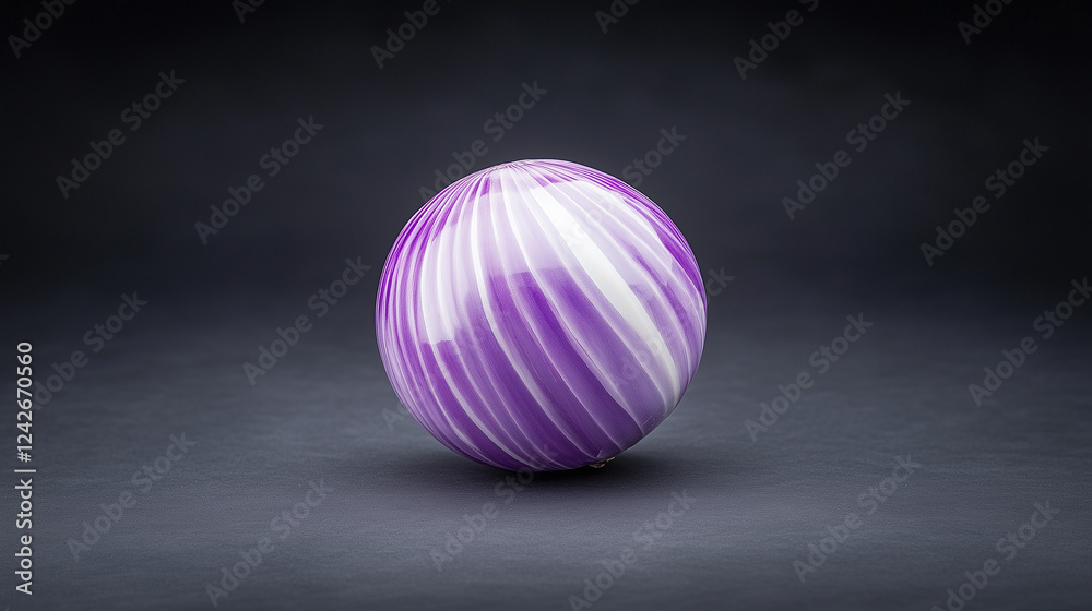 Striped Sphere: A minimalist abstract photograph of a smooth, purple and white striped sphere resting against a dark grey background. Striped Sphere: A minimalist abstract photograph of a smooth, purple and white striped sphere resting against a dark grey background.