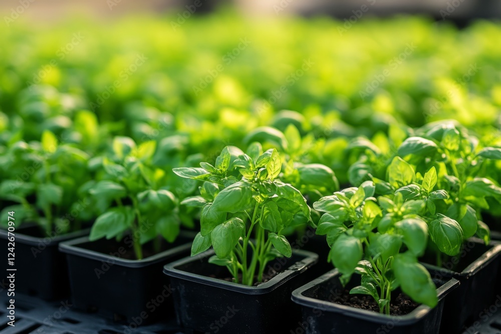 Young plants growing in black pots with sunlight Young plants growing in black pots with sunlight
