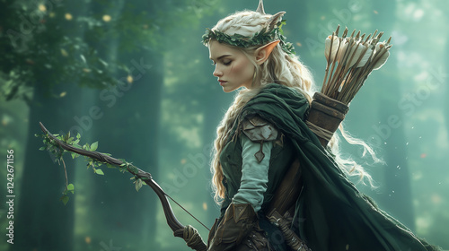 Elven Archer in the Forest: A beautiful elven archer with pointed ears and long flowing blonde hair, adorned with a leafy crown, stands gracefully in a mystical forest.  She holds a bow and arrows.
