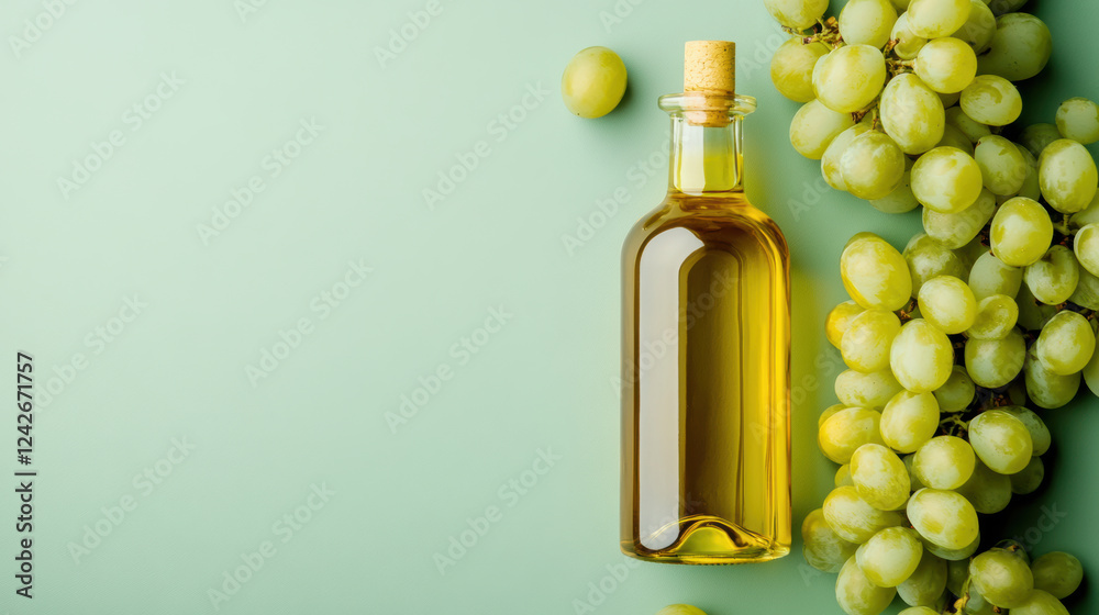 Obraz premium minimalist composition featuring bottle of grape seed oil alongside fresh green grapes, creating refreshing and vibrant aesthetic