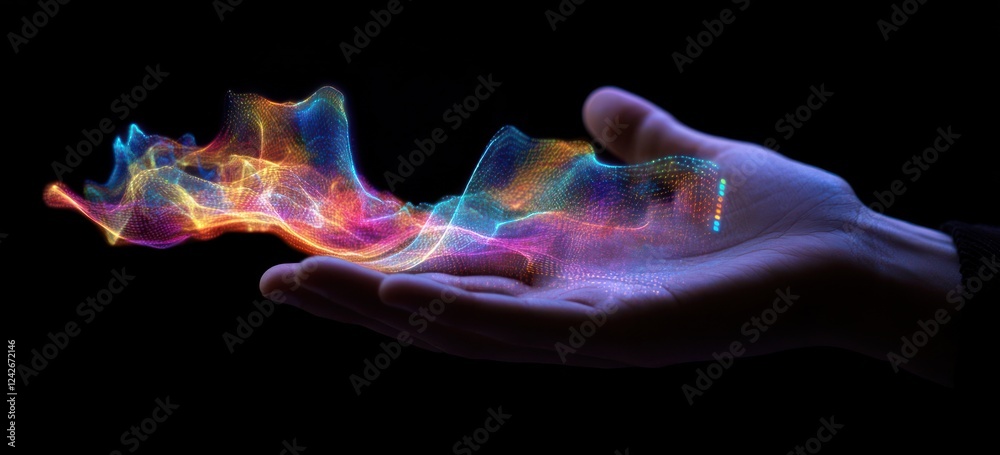 Fototapeta premium Colorful energy flows from a hand, symbolizing power, creation, or innovation.