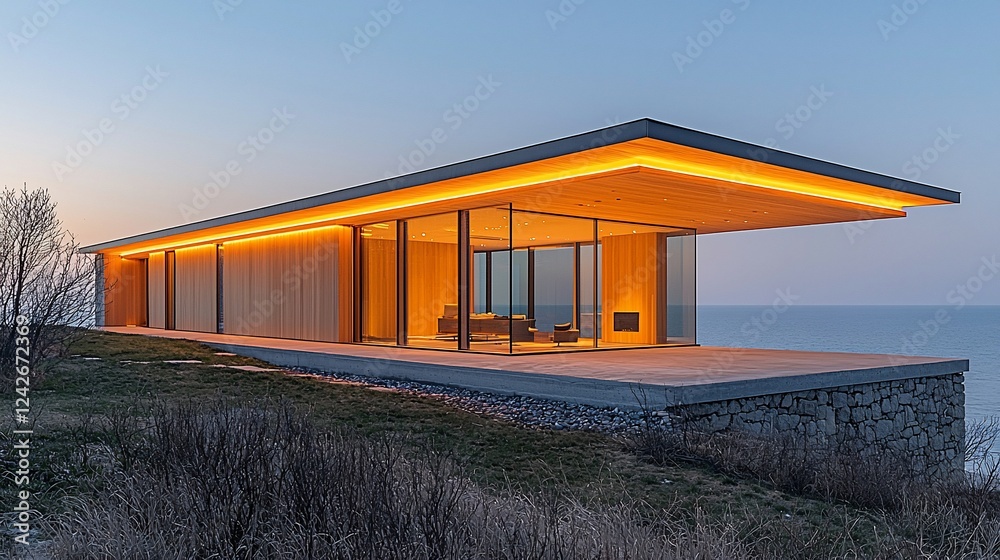 Obraz premium Modern architectural home with glowing interior lights overlooking a serene lakeside at dusk