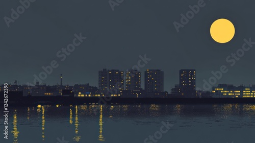 Night cityscape reflected in calm water under a large yellow moon.