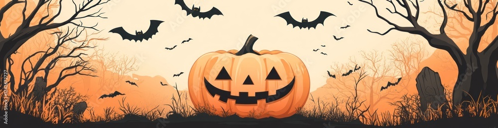 Fototapeta premium Jack-o'-lantern in spooky forest scene with bats flying at sunset.
