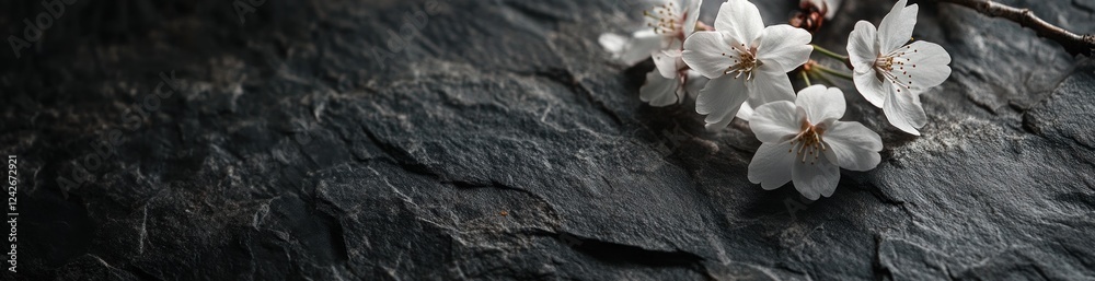 Fototapeta premium Delicate white blossoms on dark, textured stone.