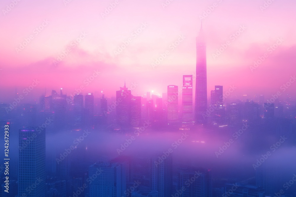 Obraz premium Cityscape with fog and skyscrapers at dawn