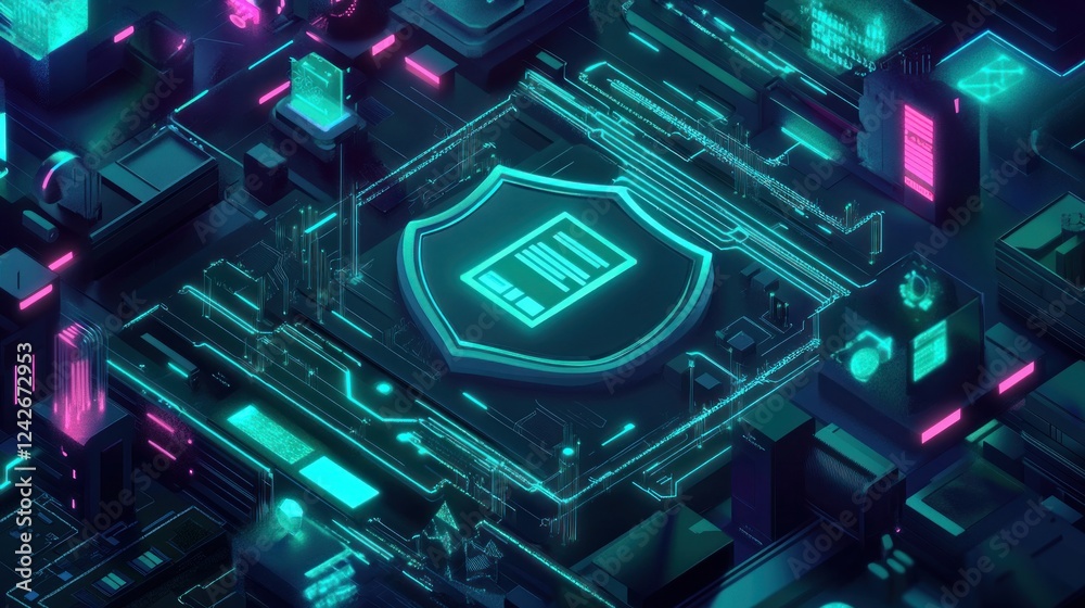 Fototapeta premium Cyber security data protection concept. Neon glowing document icon shielded on circuit board.