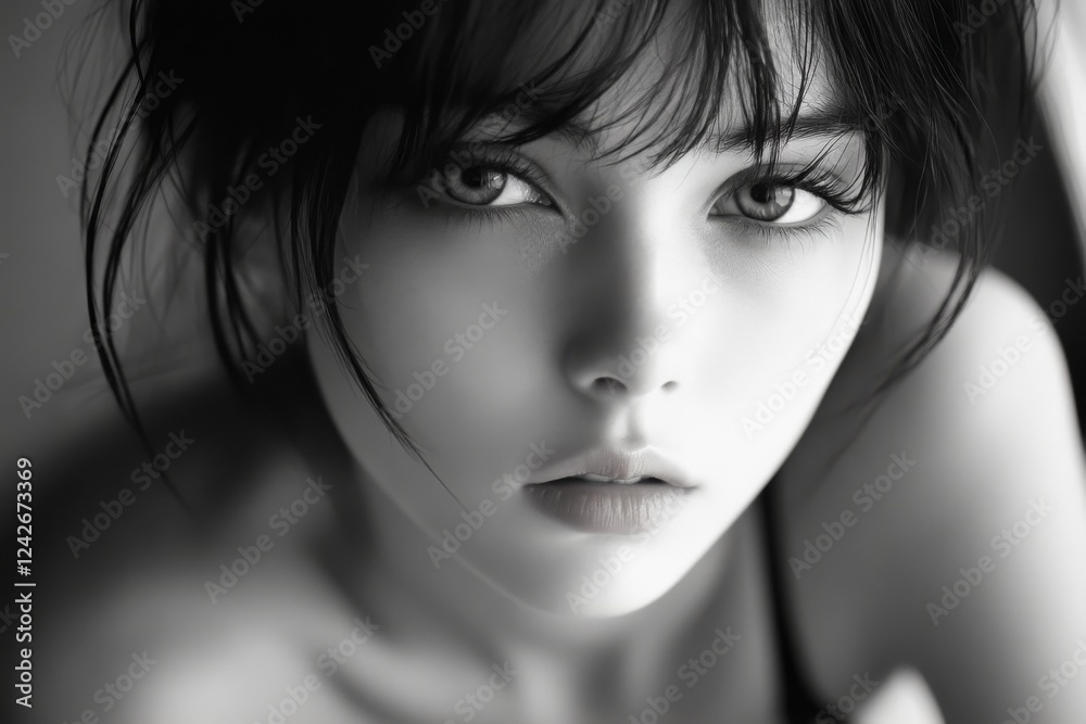 Black and white portrait of a pensive young woman Black and white portrait of a pensive young woman