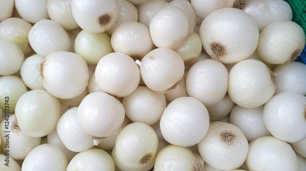 Fresh White Onions: A close-up shot of a heap of freshly harvested white onions, showcasing their smooth, white exteriors and subtle earthy tones. Fresh White Onions: A close-up shot of a heap of freshly harvested white onions, showcasing their smooth, white exteriors and subtle earthy tones.