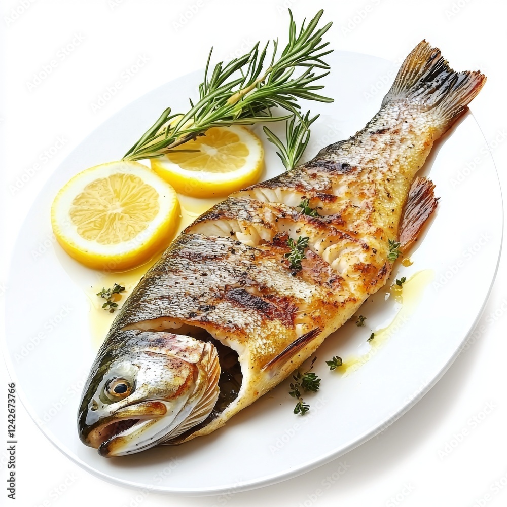 Grilled Fish on Plate with Lemon Slices and Fresh Herbs Garnish Grilled Fish on Plate with Lemon Slices and Fresh Herbs Garnish