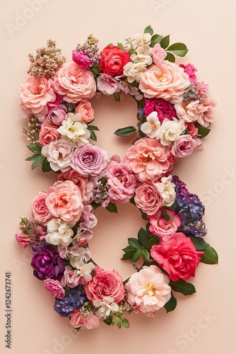 A floral arrangement in the shape of the number 8, made of pink, red, and white roses with greenery on a pastel background. A romantic and elegant design for International Women's Day