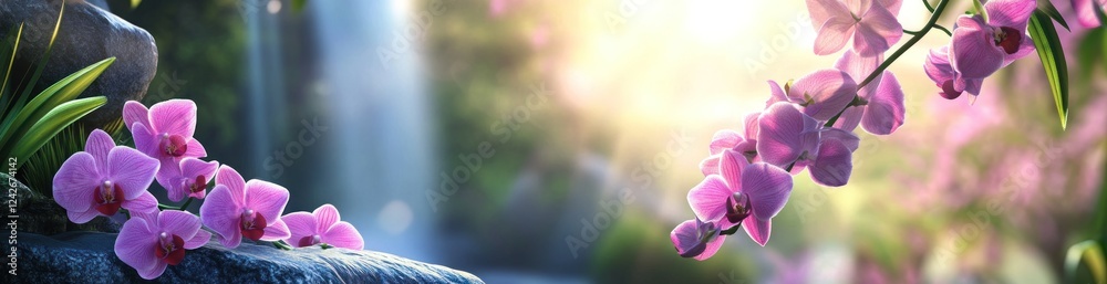 Obraz premium Pink orchids near a waterfall in a tranquil garden bathed in sunlight.