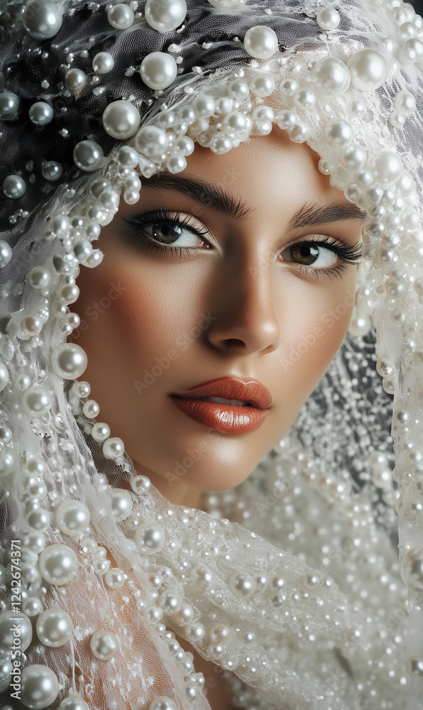 A woman with a pearl hairdo and a veil on her head A woman with a pearl hairdo and a veil on her head