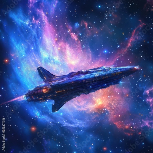 Futuristic Spaceship Soaring Through a Cosmic Nebula