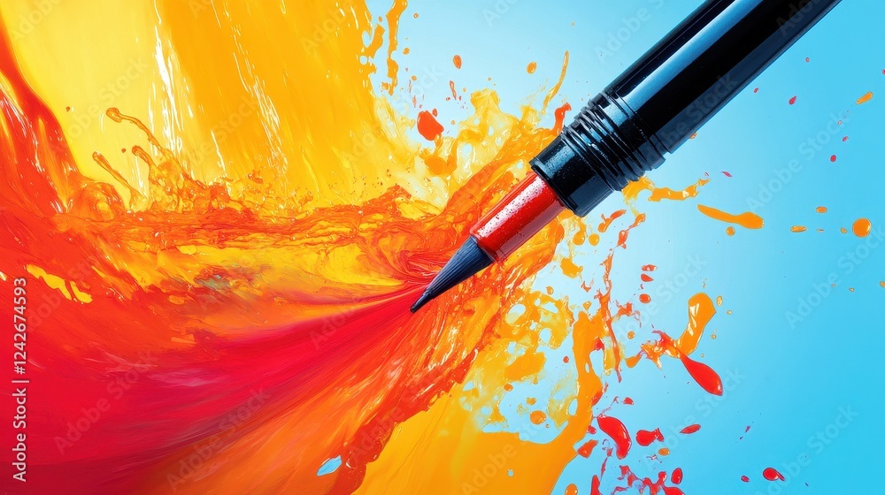 Obraz premium Paintbrush Splashing Vibrant Orange and Red Paint