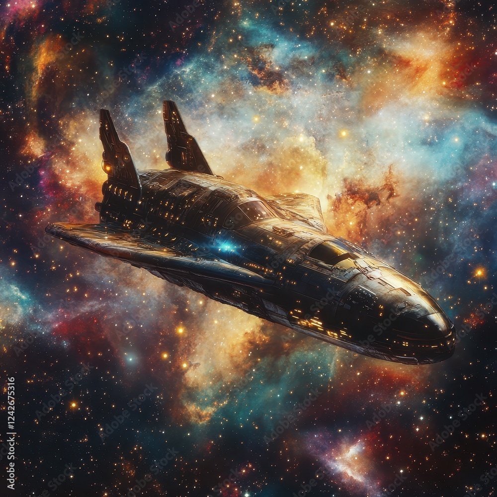 Spaceship Navigating a Colorful Nebula in Space Spaceship Navigating a Colorful Nebula in Space