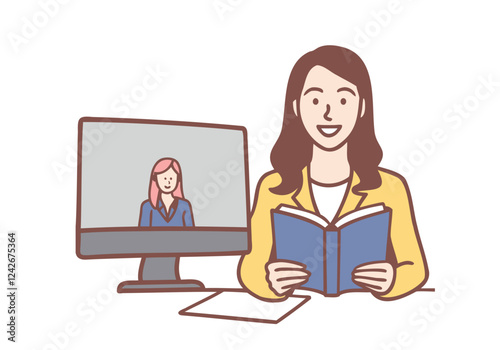  Smiling female teacher or tutor with book lead webcam class on computer. Hand drawn style vector design illustrations.
