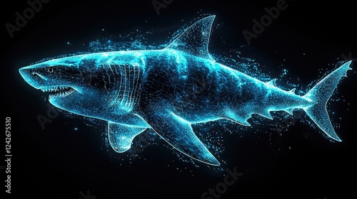 Abstract glowing blue great white shark, digital art. photo