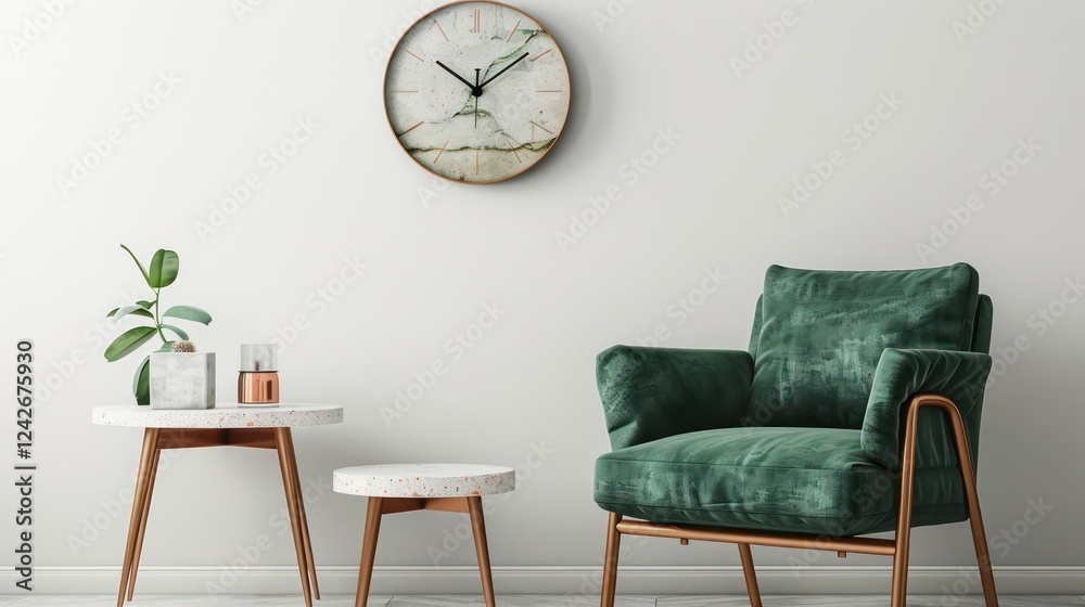 Fototapeta premium Chic Terracotta Design featuring Minimal Forest Green Armchair, Terrazzo Side Table, and Copper Wall Clock