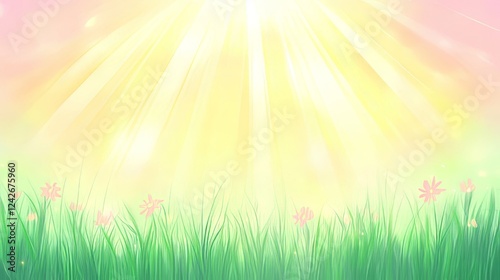 Sunbeams Gleaming Over Spring Meadow Flowers