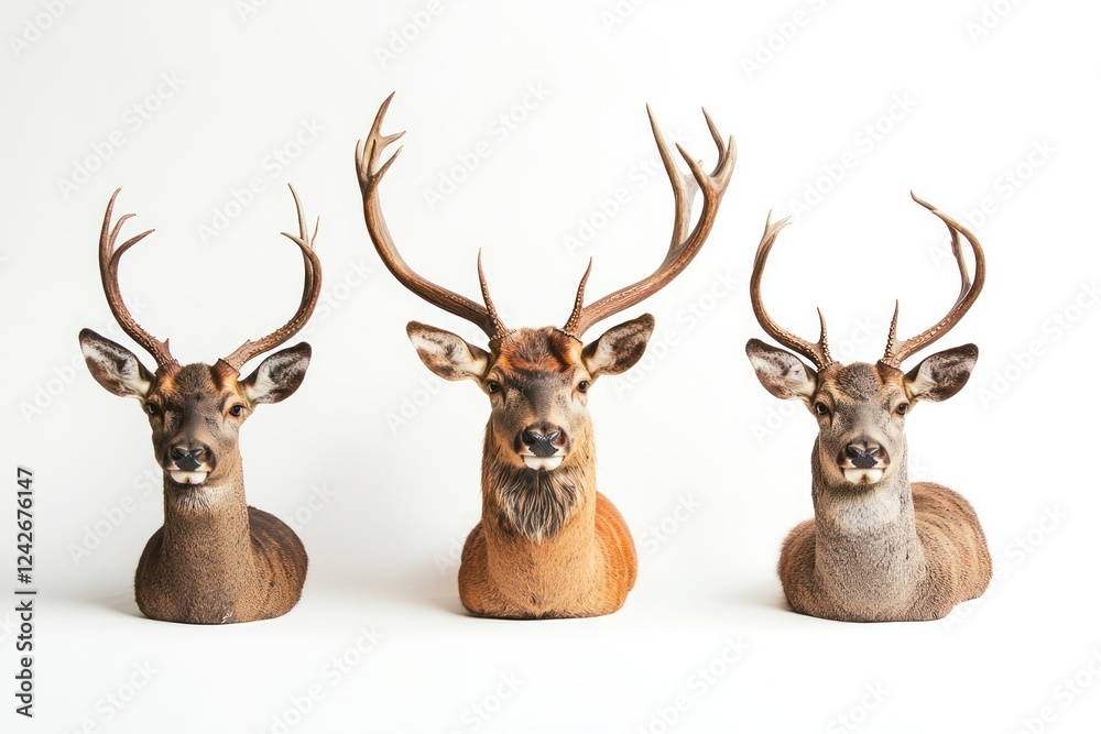 Three deer taxidermy heads, studio shot, white background, hunting trophy Three deer taxidermy heads, studio shot, white background, hunting trophy