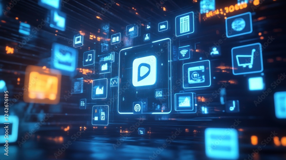 Futuristic digital interface with app icons and data streams. Futuristic digital interface with app icons and data streams.