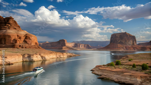 Scenic View of Lake Powell with Boat and Red Rock Formations