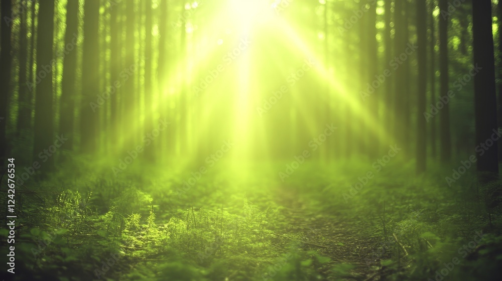 Obraz premium Sunbeams Illuminate Lush Green Forest Path