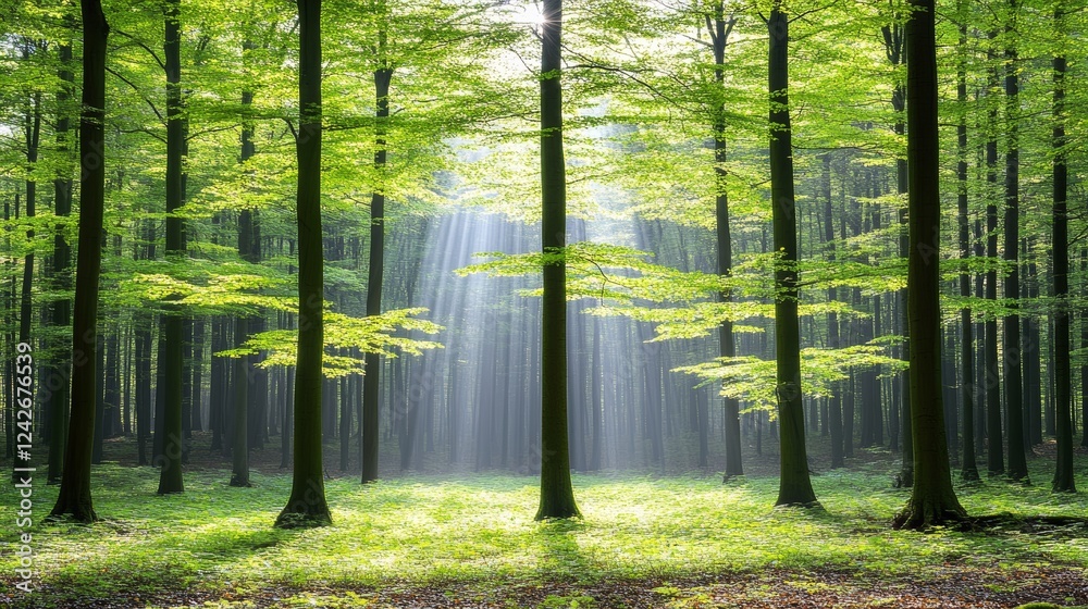 Fototapeta premium Sunbeams Illuminate Lush Green Forest Canopy
