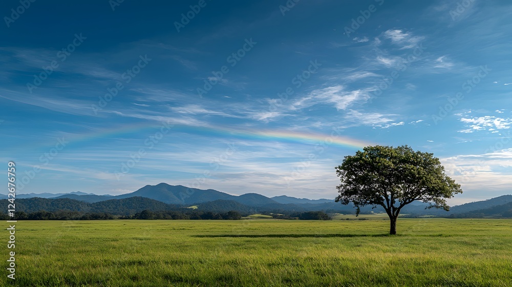 Vibrant Meadow with a Single Tree Beneath a Colorful Rainbow on a Clear Day in Nature Vibrant Meadow with a Single Tree Beneath a Colorful Rainbow on a Clear Day in Nature