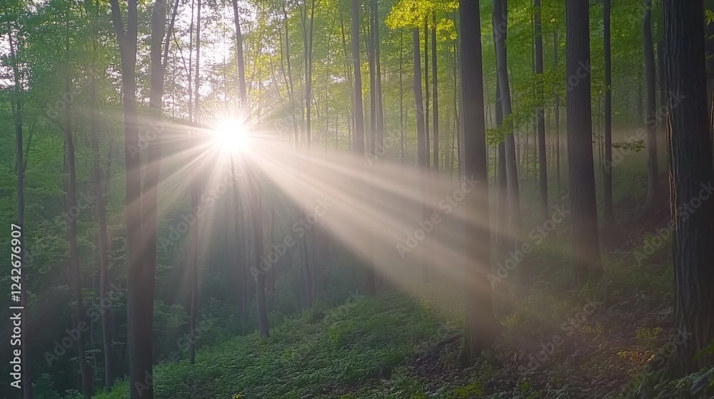 Fototapeta premium Sunbeams Illuminate Misty Forest Path at Dawn