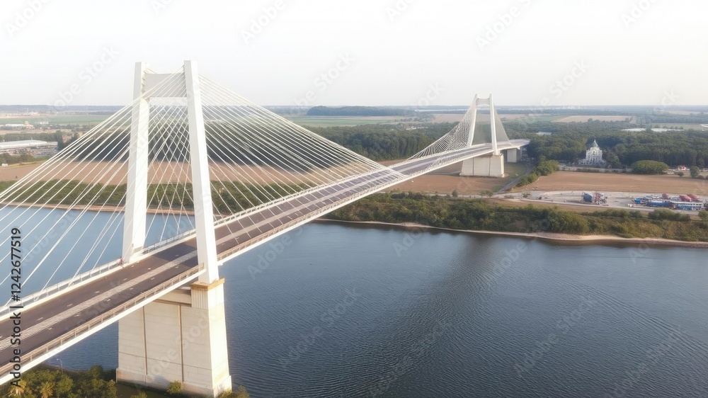 Fototapeta premium Elevated bridge with cable stays and river scenery, landscape, highway, stays