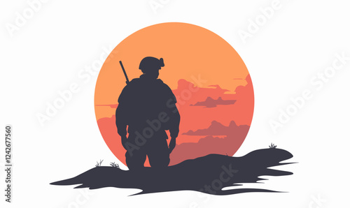 Minimalist Vector of Soldier Returning from War Facing Emotional Challenges at Sunset