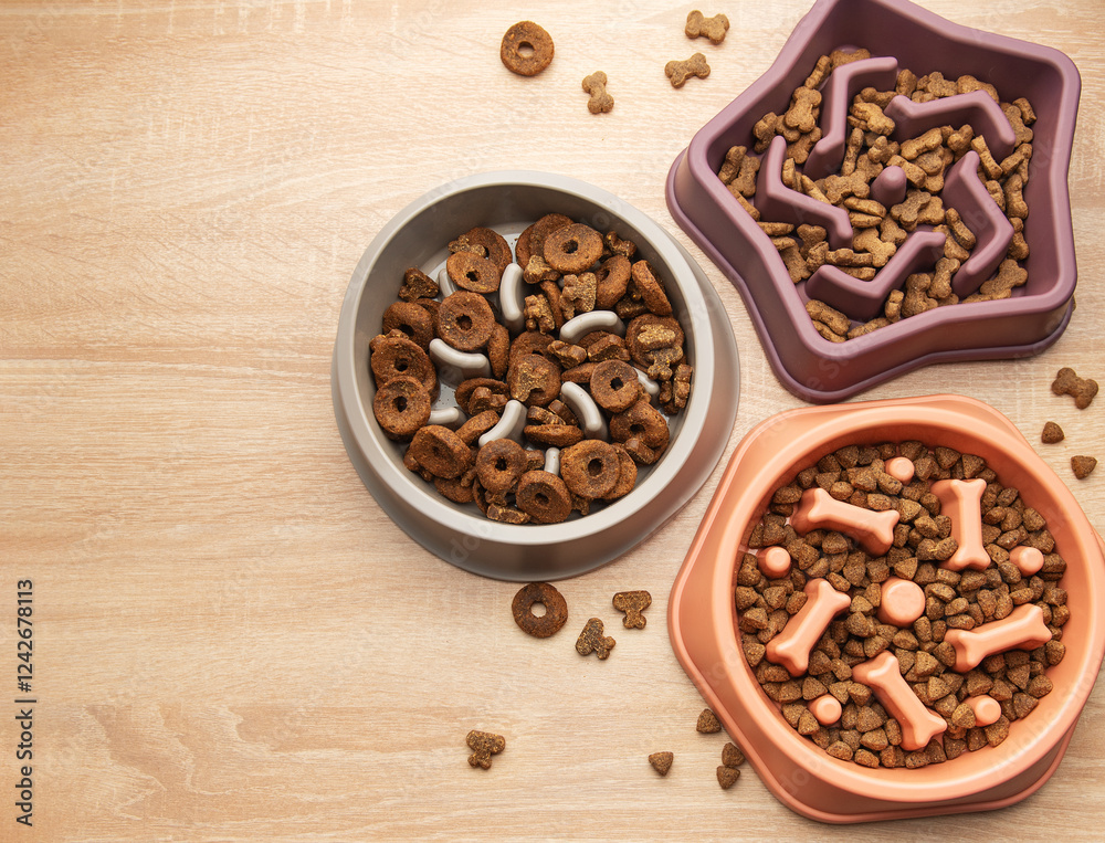 Slow feeder dog bowls with various dry food on wooden table Slow feeder dog bowls with various dry food on wooden table