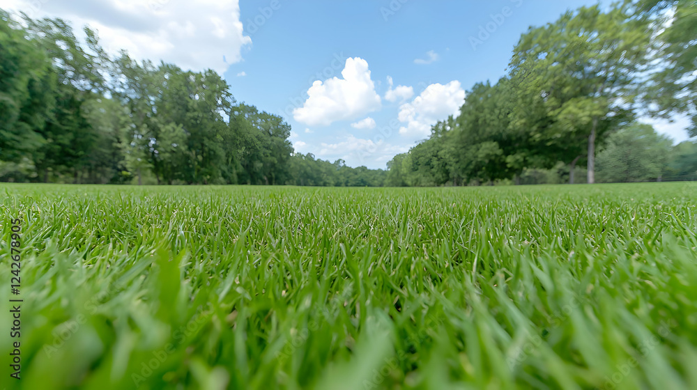 Lush green grass field, trees, summer sky. Perfect for nature, outdoor themes Lush green grass field, trees, summer sky. Perfect for nature, outdoor themes