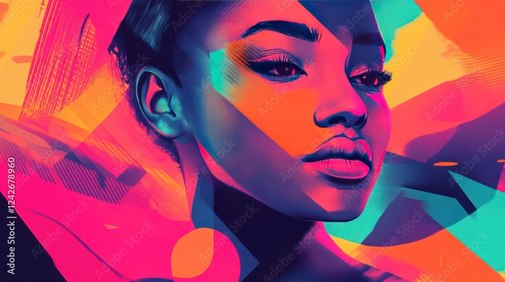 Obraz premium An abstract portrait of a person with bright geometric shapes and neon gradients surrounding the face