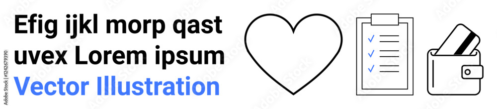 Heart shape, clipboard with checkmarks, wallet with credit cards next to placeholder text. Ideal for finance, love, organization, planning, security, financial management health-related themes Heart shape, clipboard with checkmarks, wallet with credit cards next to placeholder text. Ideal for finance, love, organization, planning, security, financial management health-related themes