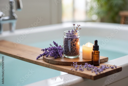 Luxurious Bath Caddy Setup with Lavender Wellness Elements in Serene Turquoise Waters