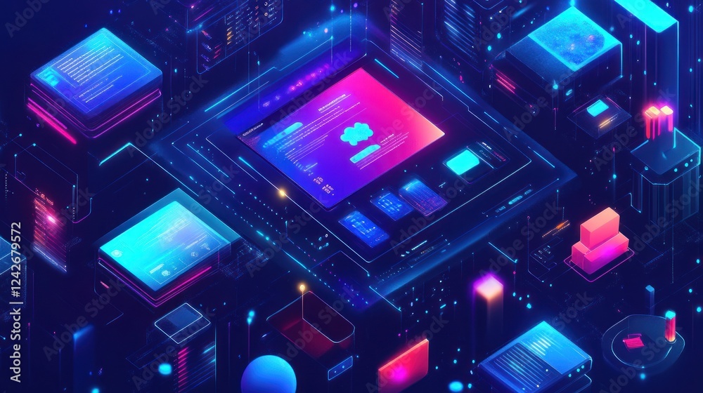 Fototapeta premium Isometric illustration of a complex digital network with glowing interfaces and data streams.