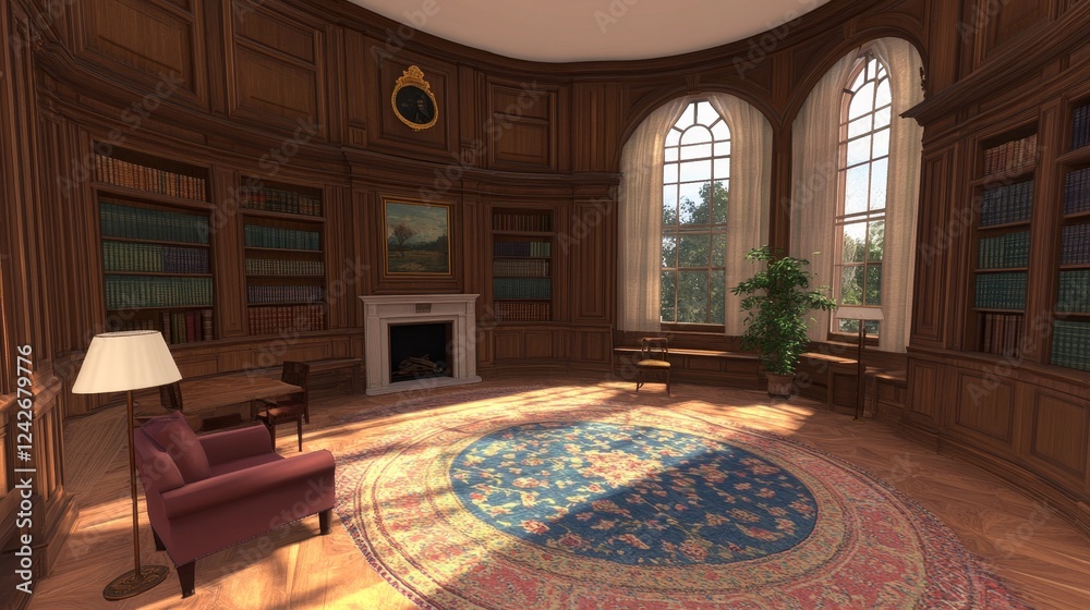 Obraz premium Sunlit Circular Library with Antique Furnishings and Bookshelves