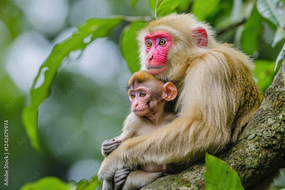 A mother monkey tenderly cradles her baby in a lush green forest. A mother monkey tenderly cradles her baby in a lush green forest.