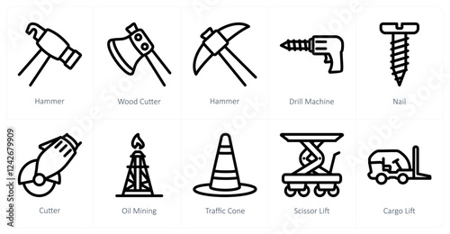 A set of 10 industry icons as hammer, wood cutter, drill machine