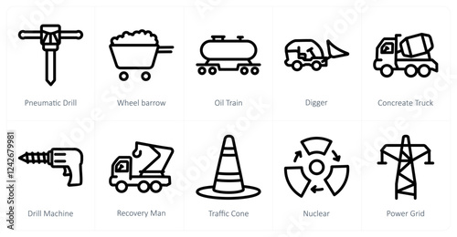 A set of 10 industry icons as pneumatic drill, wheel barrow, oil train
